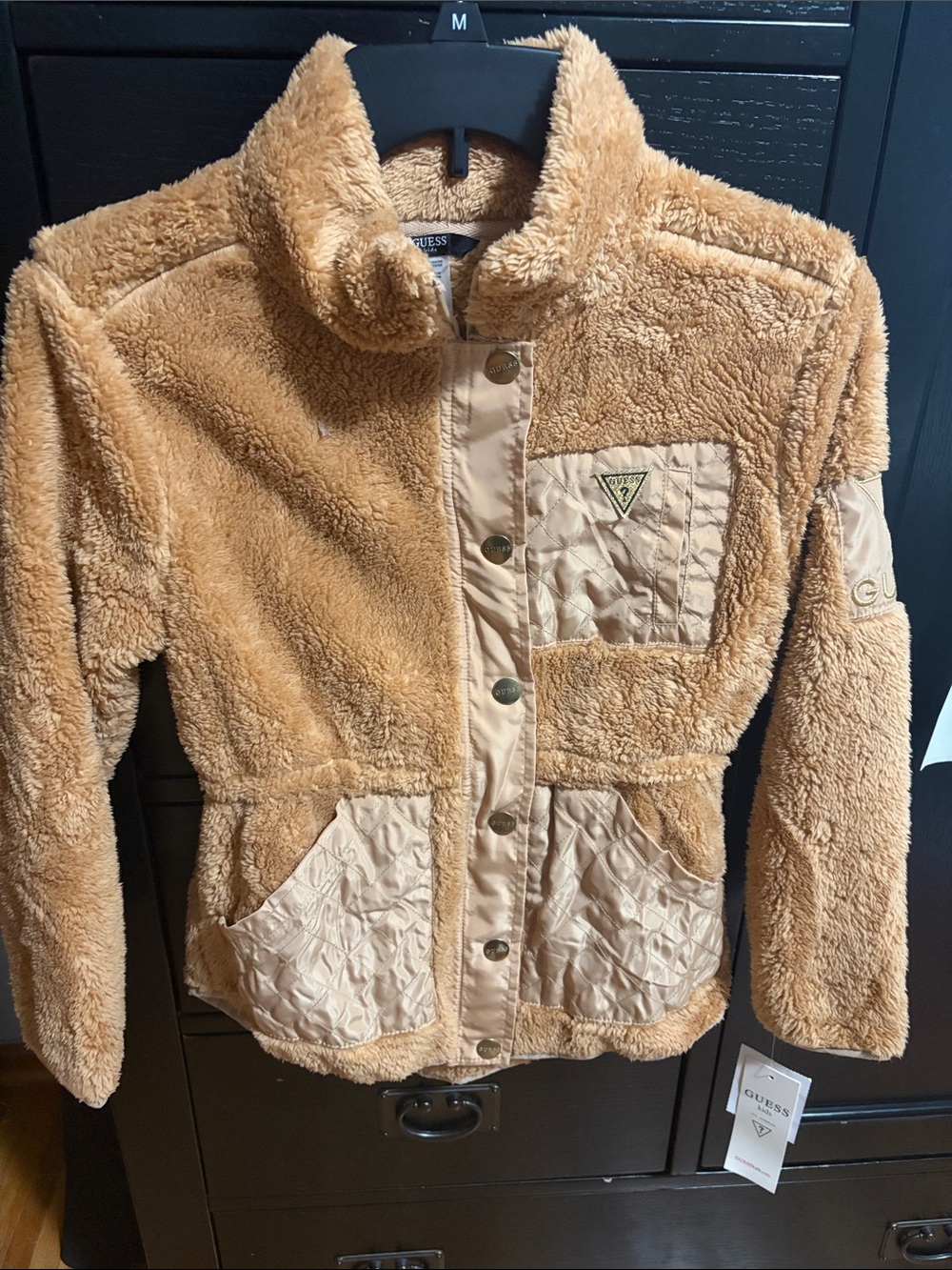 Guess Kids Tan Sherpa Jacket with Quilted Cream Panels